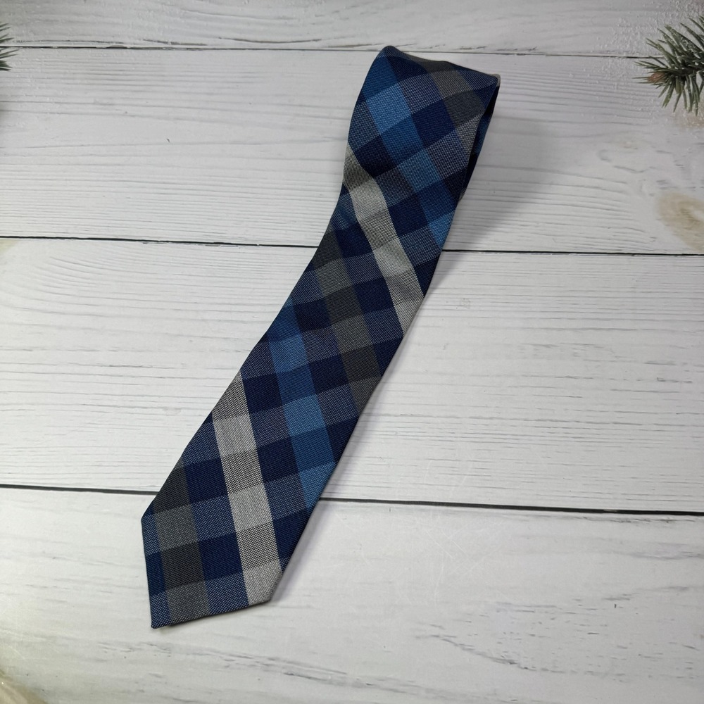 Merona Necktie Men 57" Blue Grey Plaid Textured Classic Preppy Professional
